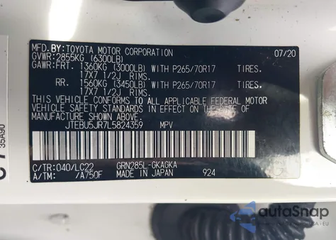 2020 Toyota 4Runner Sr5/Sr5 Premium/Venture/Limited/Night Shade/Trd Off Road/Trd Off Road Premium/Trd Pro from USA, damaged, VIN JTEBU5JR7L5824359